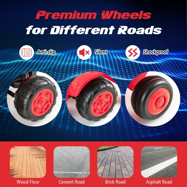 Premium wheels of the 12V Kids Ride On Tractor in red, designed for wood, cement, brick, and asphalt roads.